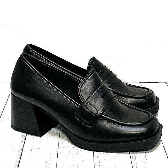 New Black Women Slip On Chunky Heel Penny Loafers - Picture 2 of 7